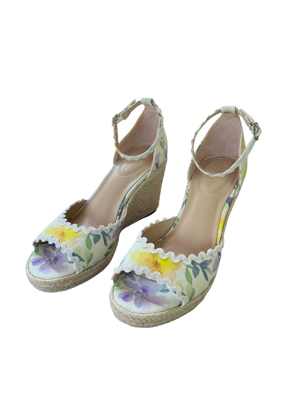 Scalloped Floral Ankle-Strap Espadrille Wedge - White Cream/Yellow Size 8